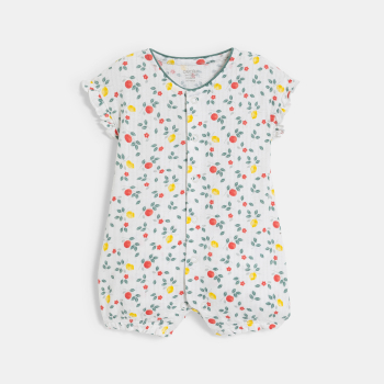 جمبسوت قصيرة من نسيج مزخرف بطبعة الفواكه باللون الأبيض للفتيات الصغيرات